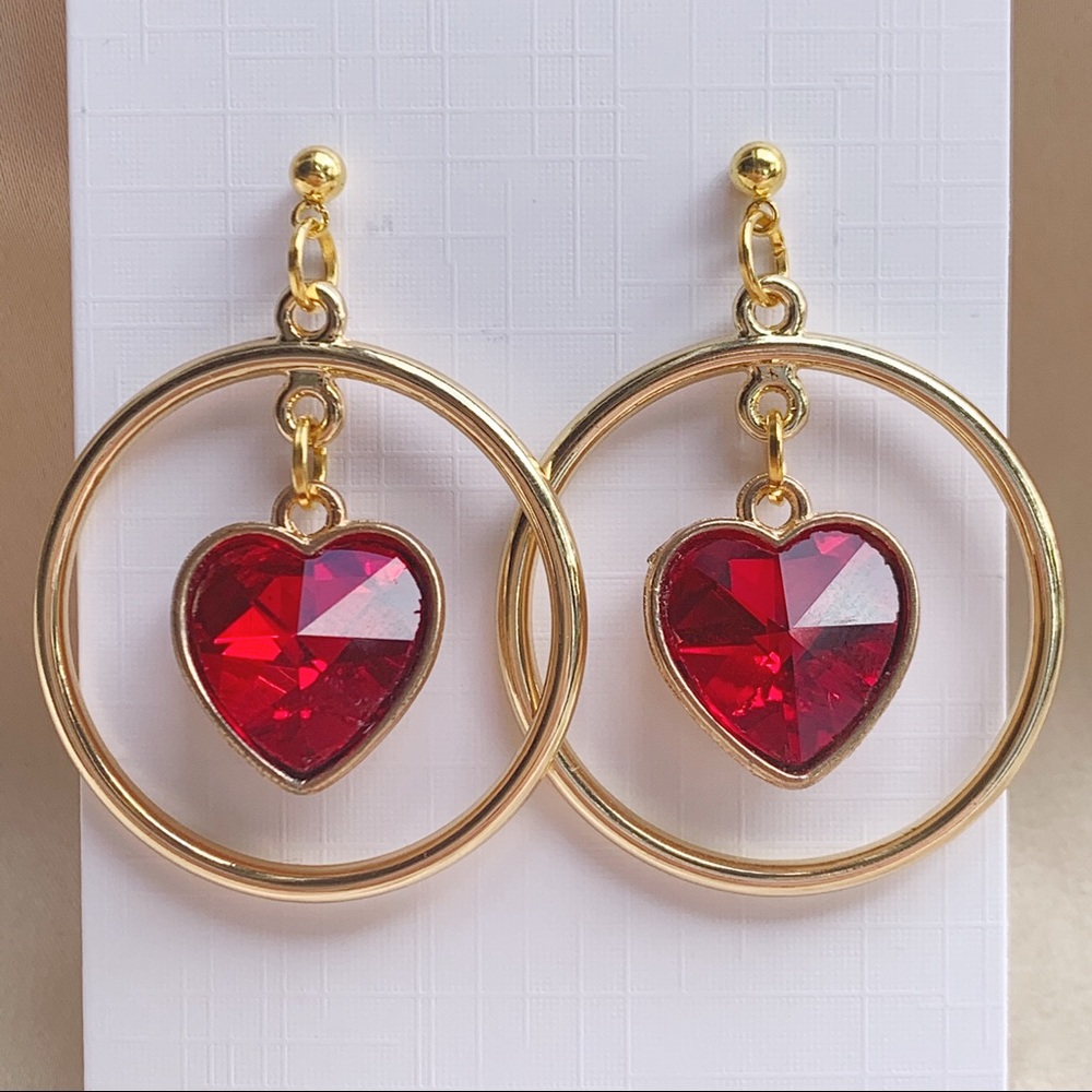 Golden Hoops with Dangling Red Heart Charms